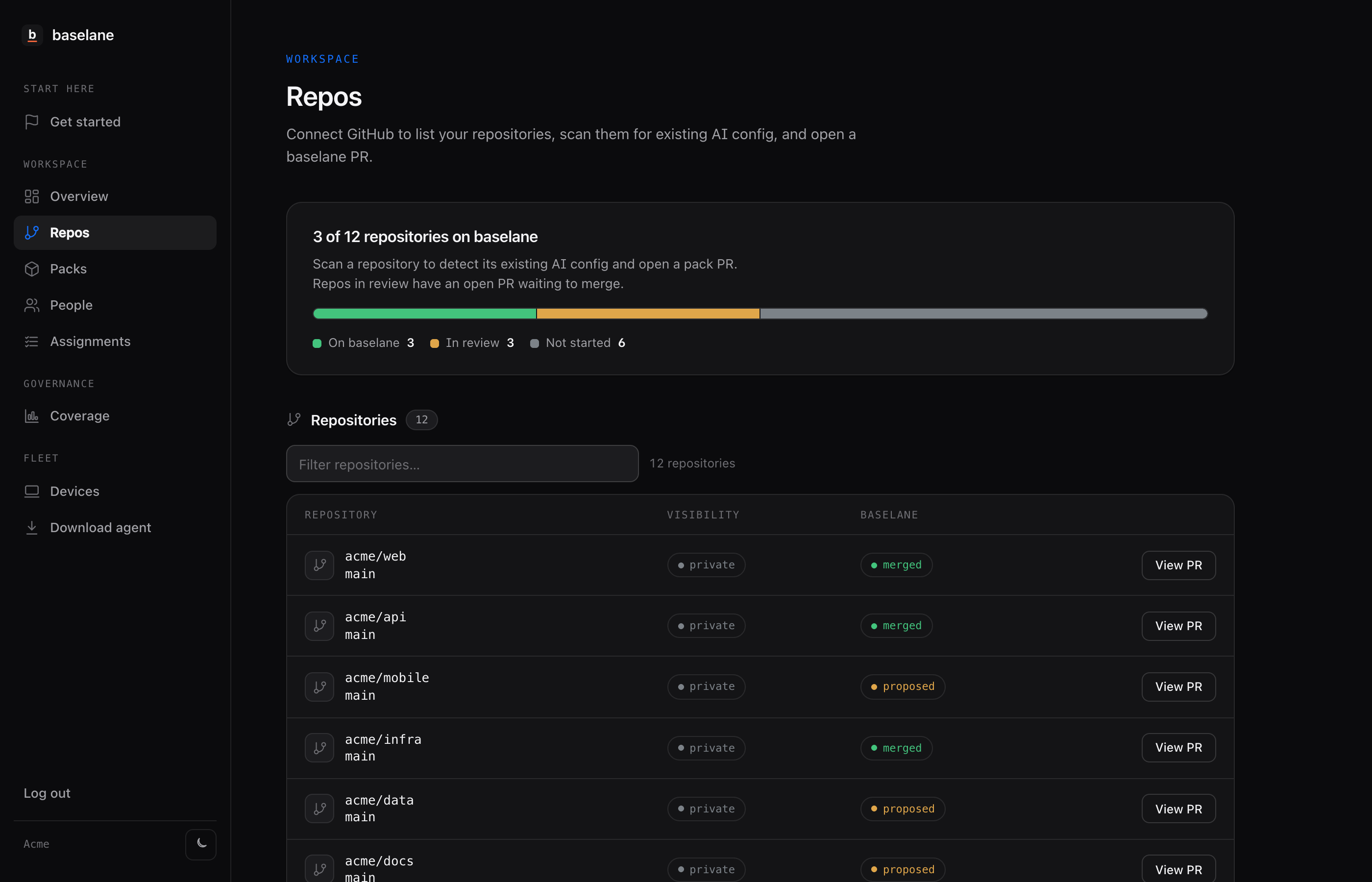 baselane repos: every repository with its rollout status, all finally visible.