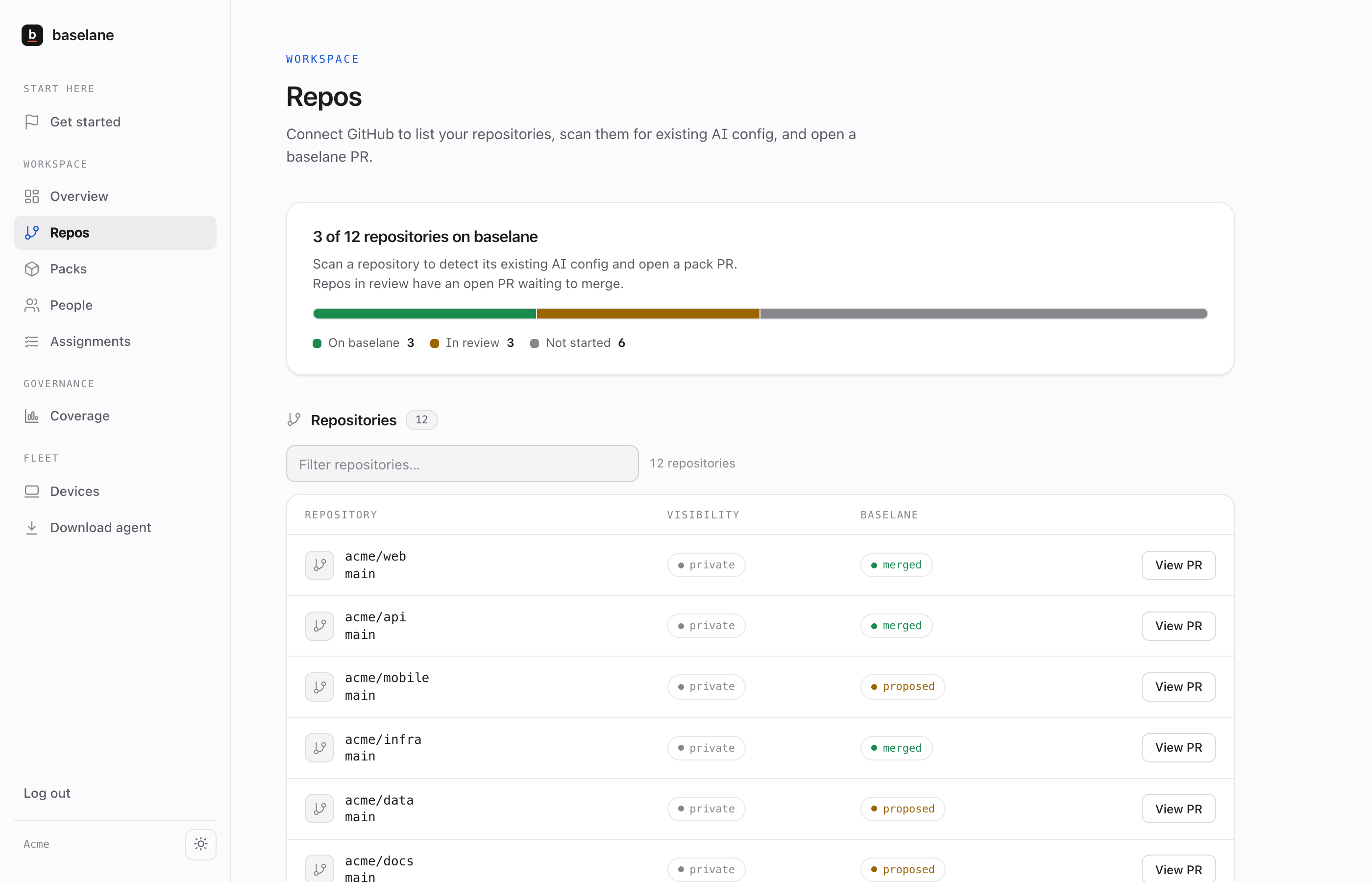 baselane repos: every repository with its rollout status, all finally visible.
